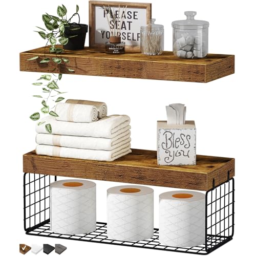 Over Toilet Wall Mounted Bathroom Shelves Set of 2 - Brown, 15.7 Inch