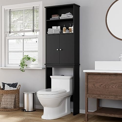 Over The Toilet Storage Cabinet - Bathroom Shelf with 2 Open Shelves & Door Cabinet - Black, Variation: 2 Open Shelves