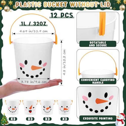 12 Pack Christmas Snowman Plastic Buckets with Handles - Holiday Party Candy & Gift Bails, 4.69 x 3.78 x 4.8 Inches