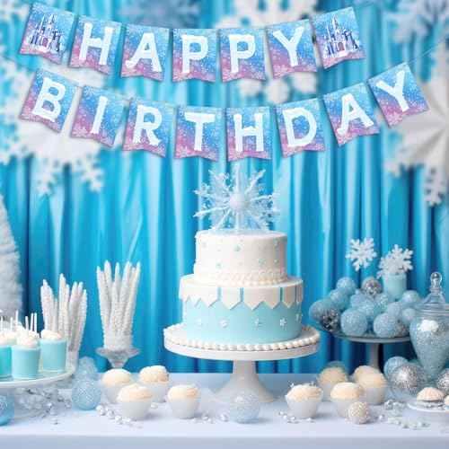 Hooqict Frozen Happy Birthday Banner Birthday Party Decorations Snowflake Party Banner Garland Sign for Kids Girls Boys Winter Wonderland Decorations Christmas Holiday Frozen Themed Party Supplies