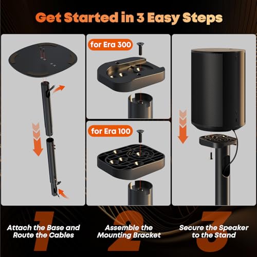 PUTORSEN Black Speaker Stands for Sonos Era 100, 100 SL & Era 300 - Set of 2, Adjustable Height, Cable Management