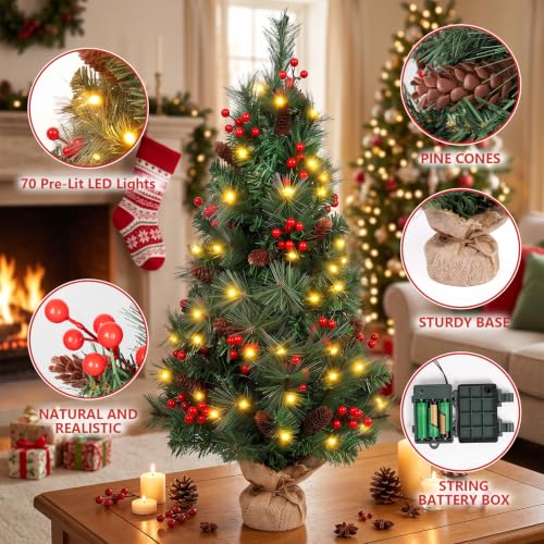 3ft Prelit Tabletop Christmas Tree with 70 LEDs, Berries & Pine Cones