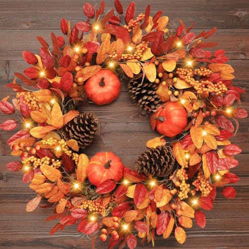 Large 26 Inch Fall Wreath with Lights & Timer for Front Door, Autumn Pumpkin & Eucalyptus Decor