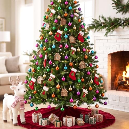 Simgoing 60 Pcs 1.18in Neon Christmas Ornament Balls with Hanging Rope