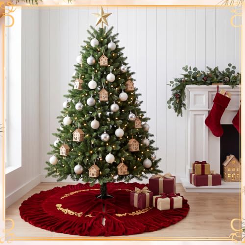 Sotiff 36 Inch Burgundy Velvet Christmas Tree Skirt with Gold Embroidery - Classic Wine Red