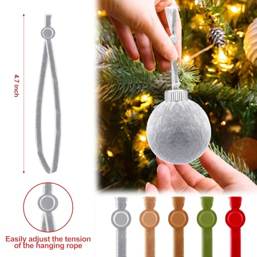 100 Pcs Christmas Velvet Ornament Strings Adjustable Ornament Hooks Non Slip Hangers Hooks Tree for Christmas Tree Decorations(Red,Green,Brown,Khaki,Grey)