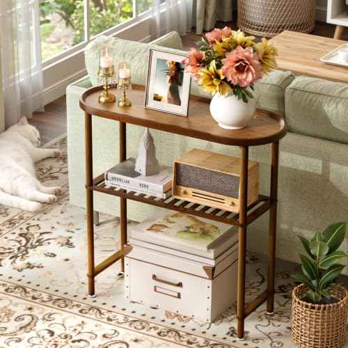 Small Entryway Bamboo Table 30.7" Narrow Hallway 2-Tier Console with Edges - Dark Walnut