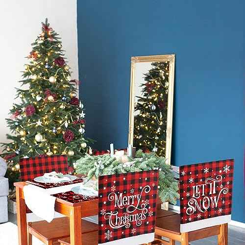 CCINEE 2pcs Christmas Chair Back Covers, Red and Black Buffalo Plaid Chair Slipcovers with Snowflake Xmas Chair Back Cover for Dining Room Kitchen Wedding Hotel Xmas Party Table Decor