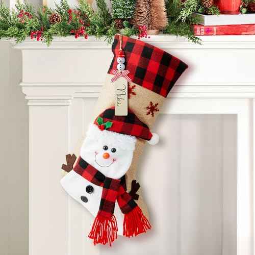 Minetom Christmas Stockings with Personalized Name Tag, 18" Christmas Stocking Snowman Burlap Plaid Xmas Stocking Holiday Christmas Decoration Gifts for Family Kids