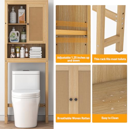 Over The Toilet Bathroom Storage Cabinet with Adjustable Shelf - Natural Rattan Style