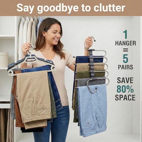 4 Pack Space Saving Jeans Hangers with Clips - Heavy Duty Stainless Steel for Closet, Black, Variation 4