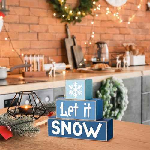 3 Pcs Winter Let It Snow Tiered Tray Decor Table Sign Winter Theme Wood Decorations Centerpiece Decor for Party Gift Desk(Stylish Style)