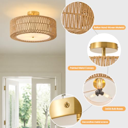 17.7 Inch Rattan Boho Ceiling Light with Fabric Diffuser - Brown, 3-Light Flush Mount