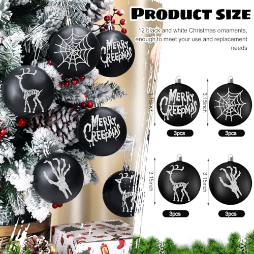 Syhood Gothic Christmas Ornaments Set - 12 Black & White 3.15” Halloween/Christmas Balls