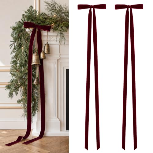 2-Pack Extra-Long Burgundy Velvet Christmas Bows 9x52in - Double-Sided, Front-Back Showpiece