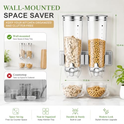Huwena 4 Sets Wall Dispenser with 3L Cereal Storage - Silver