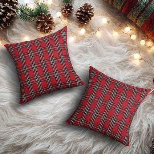 4TH Emotion Set of 2 Christmas Scottish Tartan Plaid Throw Pillow Covers Cushion Case Polyester for Farmhouse Home Decor Red and Green, 18 x 18 Inches