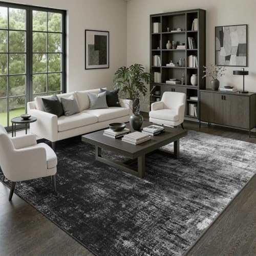 DCX 8x10 Black Washable Abstract Area Rug Non-Slip Low Pile, Pet & Kid Friendly