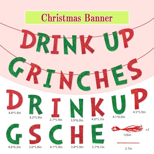Drink Up Christmas Decorations Red Green Glittery Christmas Banner Xmas Garland Banners Winter Holiday Garland Photo Props Banners Christma Party Decorations for Xmas Backdrop Decorations
