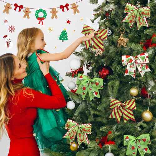 Christmas Bows 16 Pcs Red Green Christmas Bows for Tree Gift Wreaths Wrapping Garland, 6 Inch Christmass Decorations Ribbon Xmas Tree Ornaments