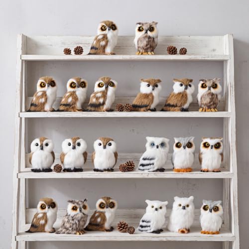 Sratte 24-Pack Christmas Owl Ornaments White and Brown Furry Decorations