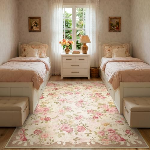 5x7 Pink Vintage Floral Washable Rug - Bedroom, Living Room, Kids Playroom