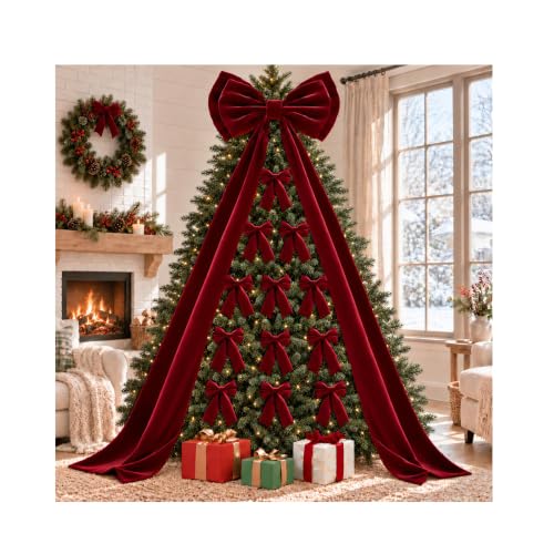 Memgift Burgundy Velvet Christmas Bow Set with 20"x71" Topper & 12 Small Bows - Holiday Tree Decorations