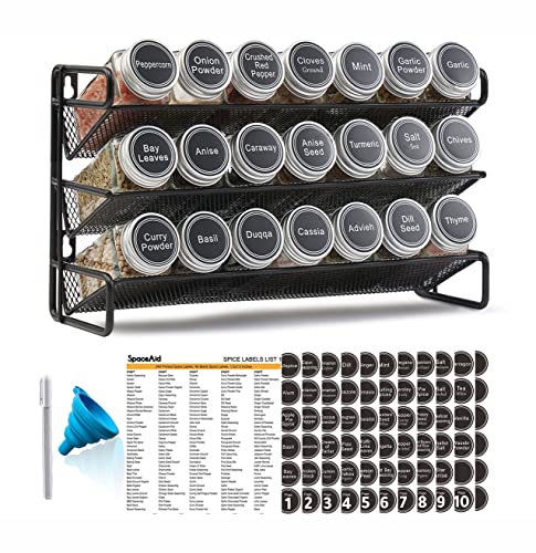13.4W × 9H Black Spice Rack Organizer with 21 Jars & Labels, Wall Mountable