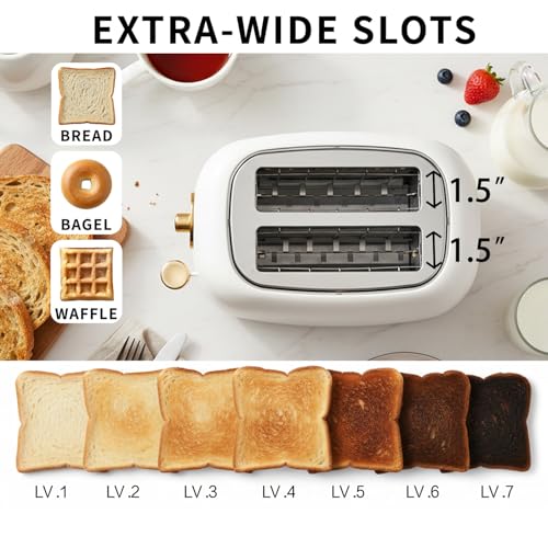 2 Slice Toaster Wide Slot Stainless Steel Matte White & Gold - Retro Kitchen Appliance