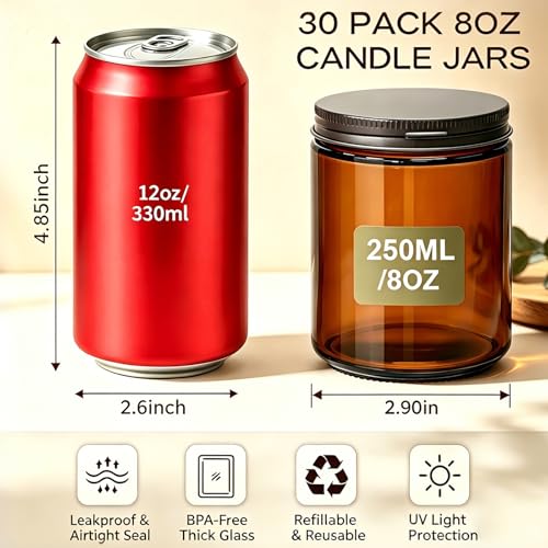 30 Pack Amber Glass Candle Jars Set with Black Lids - 8oz Food Storage & Candle Making Containers