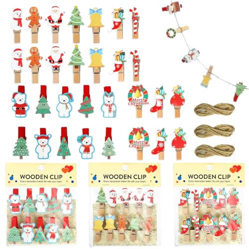 Mini Christmas Claw Clips 30pcs Wooden Photo Clips with Twine for Crafts & Decorations