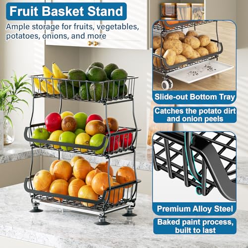 OKZEST Black 3-Tier Rolling Pantry Storage Cart with Wheels