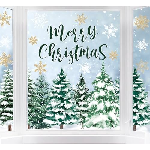 Whaline 6 Sheets Merry Christmas Window Clings Large Xmas Tree Gold Snowflake Snowy Forest Reusable Anti-Collision Windows Decals for Winter Holiday Home Glass Mirror Decor