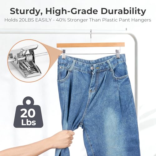 Wooden Pants Hangers with Clips - Natural Finish, Pack of 25 - Strong Clamping Skirt Hangers