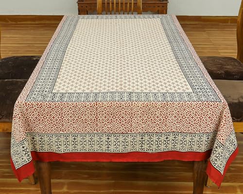 60x90 Inches Rectangle Hand Block Printed Cotton Tablecloth, Red