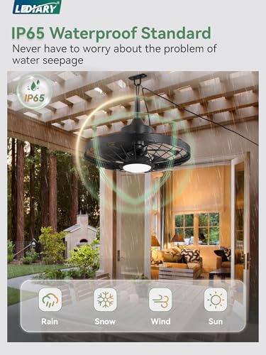 Outdoor 20-Inch Waterproof Ceiling Fan with Lights - Black, Remote, Dimmable LED