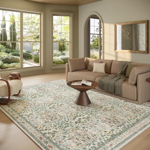 Beige 8x10 Vintage Floral Washable Area Rug for Living & Dining Rooms