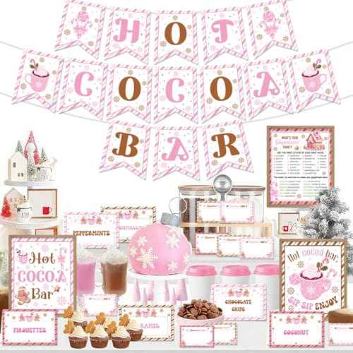 Hot Chocolate Bar Decor - 39 Pcs Pink Cocoa Gingerbread Man Banner Signs Toppings Tent Cards Name Game Labels Decorations Kit Party Supplies for Winter Christmas Holiday Birthday New Year