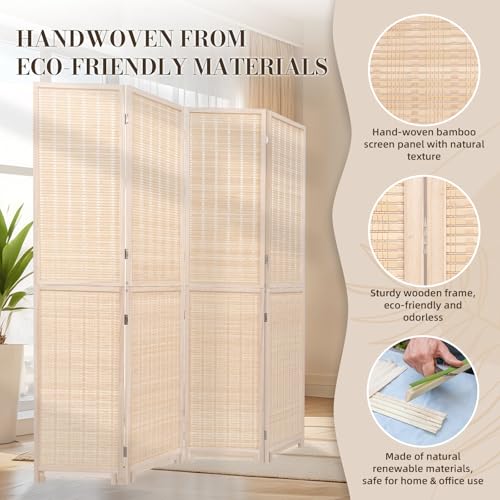 Beige Bamboo Room Divider 67-inch, 4-Panel Freestanding Wooden Screen, Versatile Partition