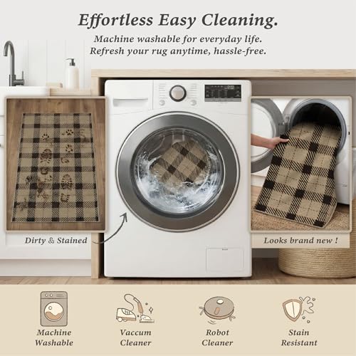 Beige Plaid Outdoor Rug 3x5 for Front Porch, Washable Non Slip Entryway, Farmhouse Style