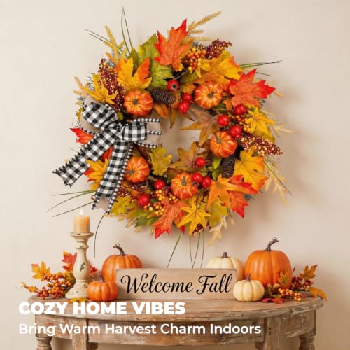 24 Inch Fall Front Door Wreath with Buffalo Check Bow & Maple Leaves | Autumn Farmhouse Decor