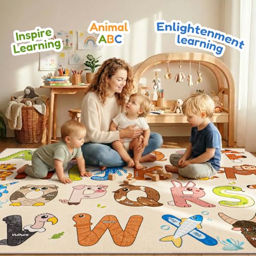 Rezutan 5' x 7' Beige Classroom Alphabet Rug, Washable & Non-Slip Kid's Play Carpet