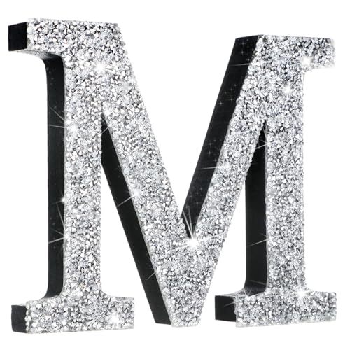 Qunclay Crystal Diamond Bling Letters Crushed Diamond Decorations Wooden Glitter Letters with Screw and Hooks Rhinestone Gifts for Christmas Wedding Bedroom Wall Decor(5.7"l X 5.7"w,Letter M,Silver)