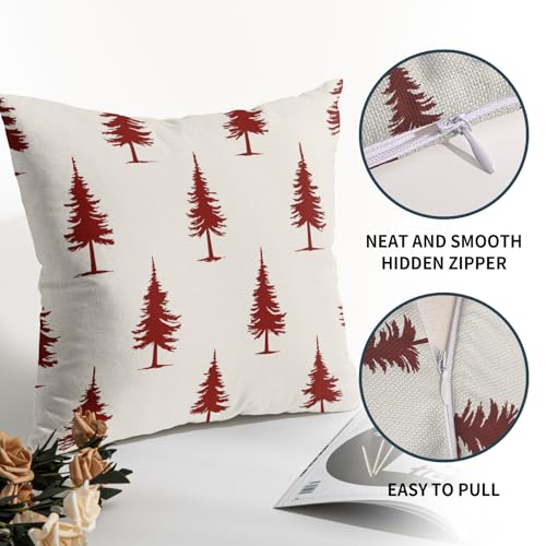 Aportt 18x18 Inch Red Pine Tree Christmas Pillow Covers Set of 2 Rustic Forest Holiday Decor
