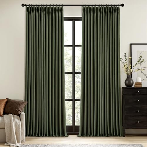 MIULEE Olive Green Pinch Pleated Linen Blackout Curtains 40x108 Inches (Pack of 2, Loden)