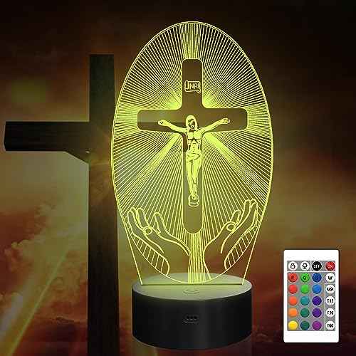Attivolife Cross 3D Night Light, Jesus Catholic Illusion Hologram Lamp 16 Color Changing with Remote Control + Timer, LED Best Birthday Christian Gift for Religious Women Mothers Day Present