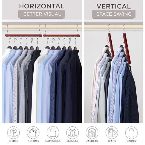 MORALVE Space Saving Closet Hangers 4 Pack - Mahogany Beechwood 6-Tier Shirt Organizer with Swivel Hook