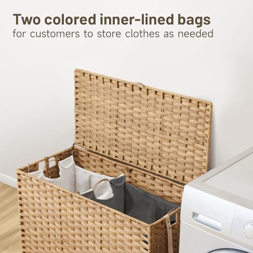 Laundry Hamper with Wheels 34.3 Gallon Natural Rattan 2 Color Liners 3 Mesh Bags
