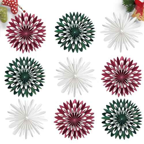 EASY JOY Red White Green Christmas Hanging Decorations - 9Pcs 3D Christmas Tree Paper Hanging Decor Snowflake Ornaments Christmas Decorations Outdoor Indoor for Xmas Party New Year Window Door