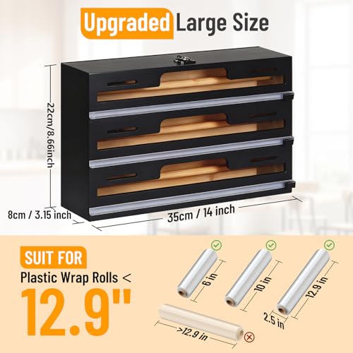 Allinside Black 3-Layer Magnetic Plastic Wrap Dispenser with Cutter for 12.9" Rolls